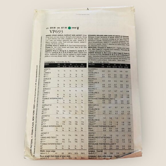 Vogue Sewing Pattern VP693 Misses Wrap Shrug Capelet & Jacket Size XS-M - Picture 2 of 2